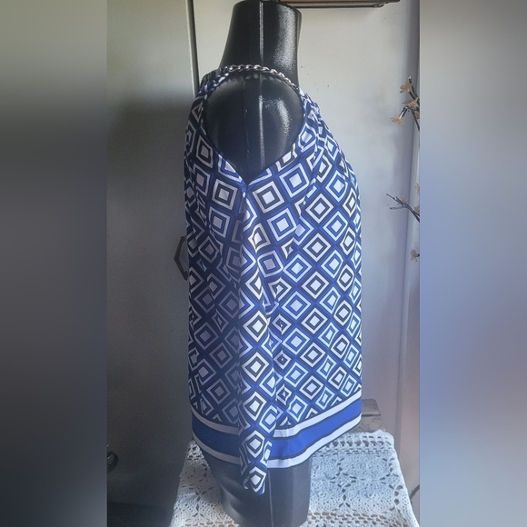 Michael Kors Blue and White Square Print Long Sleeve Cold Shoulder Top M - Picture 2 of 7